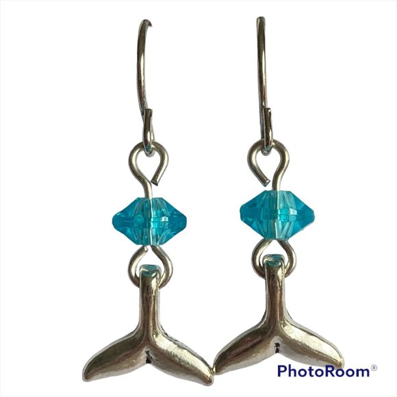 Silver Mermaid Whale Tail Earrings Aqua Bead Plated Dangle Dainty Nautical - Picture 2 of 12